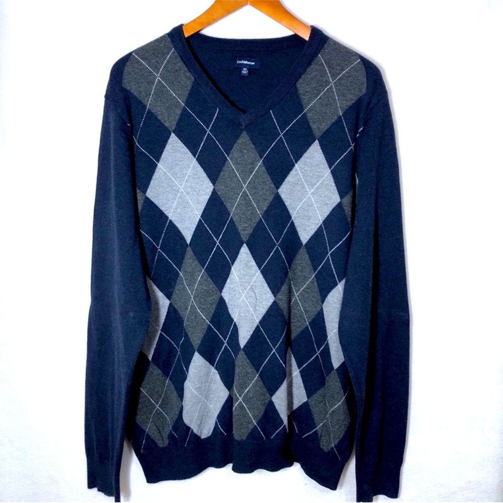 NWT Croft and Barrow Blue Argyle V-Neck Sweater Mens Large